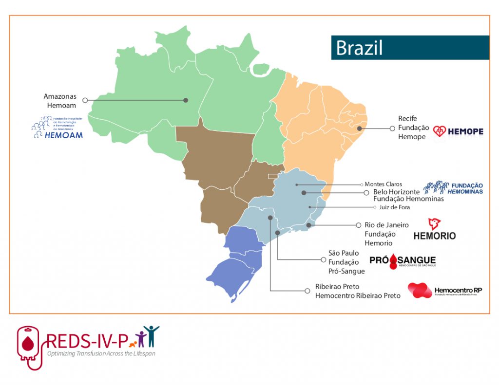 Brazil map with the six participating blood centers locations.